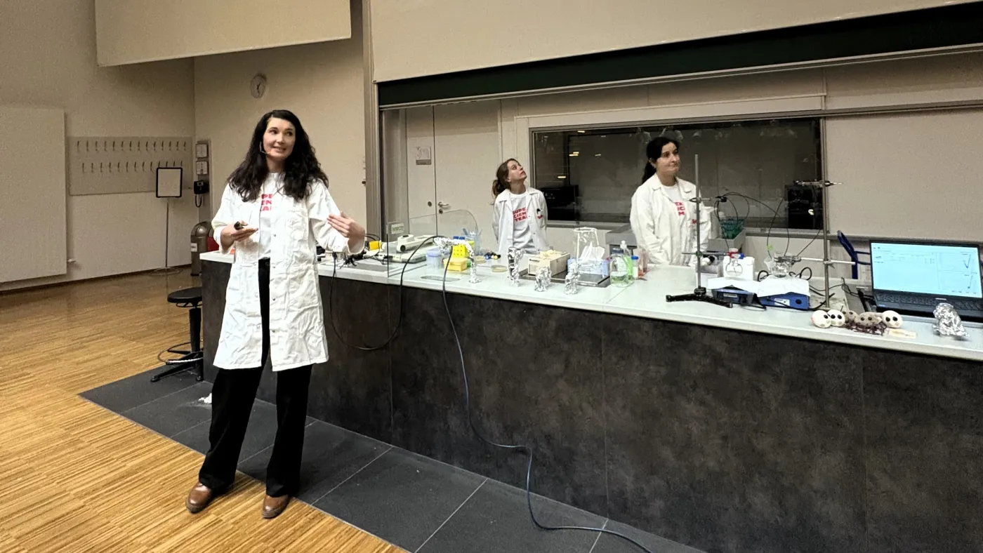 Das Team zeigt vor, w&auml;hrend die Professorin vortr&auml;gt.